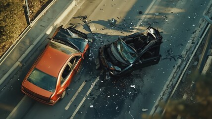 Car accident involving two vehicles on the road, with no people present. The scene highlights the damaged vehicles and the aftermath of the collision, suggesting a scenario for insurance claims.