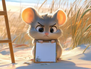 a very adorable beach mouse in front of a canevas that she is painting. The little mouse looks very serious, she is quite adorable. She has a paintbrush in her paw and is frowning at her canevas. 