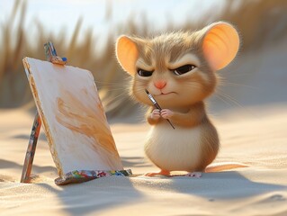 a very adorable beach mouse in front of a canevas that she is painting. The little mouse looks very serious, she is quite adorable. She has a paintbrush in her paw and is frowning at her canevas. 