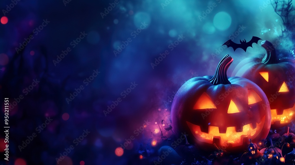 Sticker Festive halloween banner with pumpkins and dark glowing background