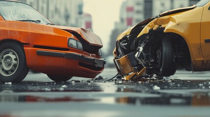 Car accident involving two vehicles on the road, with no people present. The scene highlights the damaged vehicles and the aftermath of the collision, suggesting a scenario for insurance claims.