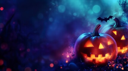 Fototapeta premium Festive halloween banner with pumpkins and dark glowing background
