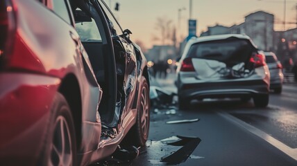 Car accident involving two vehicles on the road, with no people present. The scene highlights the damaged vehicles and the aftermath of the collision, suggesting a scenario for insurance claims.