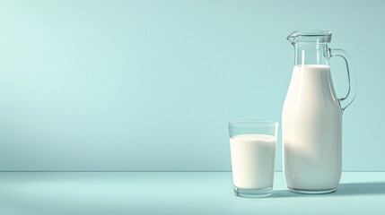 A glass of milk and a jug of milk beside it on a white table isolated on a light blue background 
