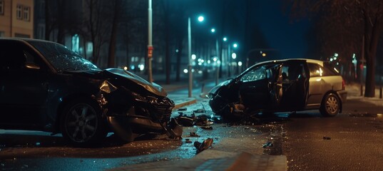 Car accident involving two vehicles on the road, with no people present. The scene highlights the damaged vehicles and the aftermath of the collision, suggesting a scenario for insurance claims.