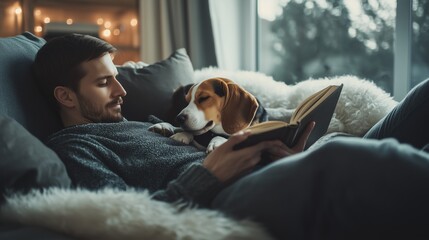 A man relaxes at home reading a book with his beagle beside him on a cozy couch during late afternoon
