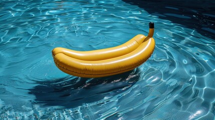 Bright yellow inflatable banana float in a sunny pool during summer vacation fun