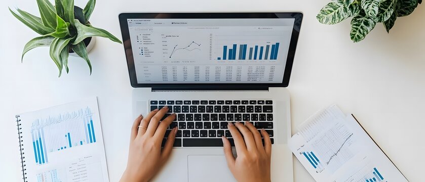 Photo of a person typing on a laptop with graphs and charts displayed in a top view against a white background,workspace