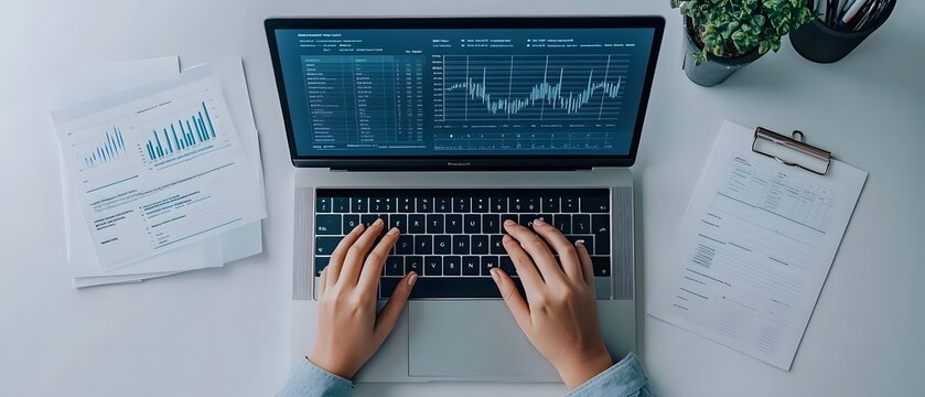 Photo of a person typing on a laptop with graphs and charts displayed in a top view against a white background,workspace