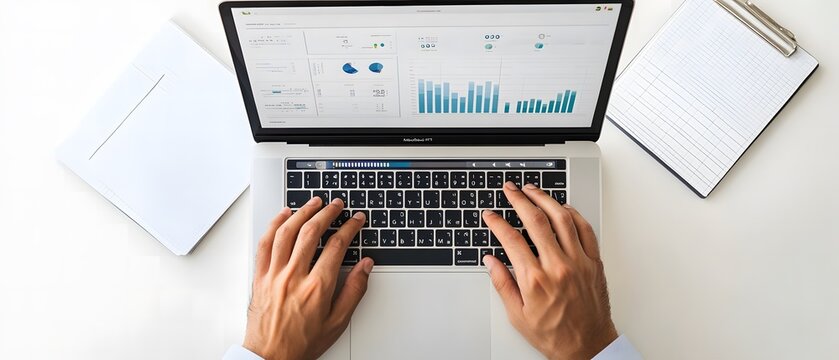 Photo of a person typing on a laptop with graphs and charts displayed in a top view against a white background,workspace