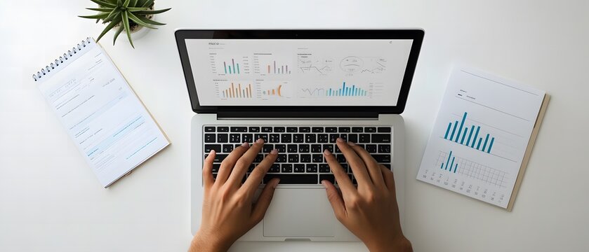 Photo of a person typing on a laptop with graphs and charts displayed in a top view against a white background,workspace