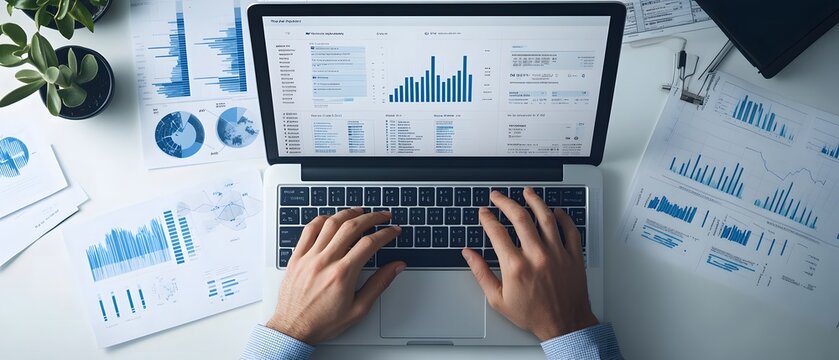 Photo of a person typing on a laptop with graphs and charts displayed in a top view against a white background,workspace