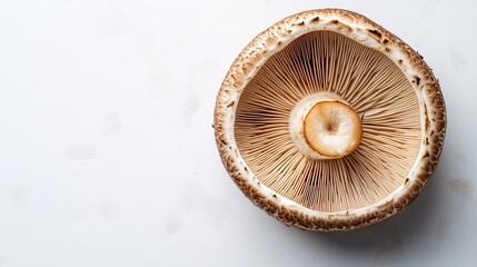 Close-up of a shiitake mushroom cap showcasing its textured, earthy surface on a simple white background with space for text
