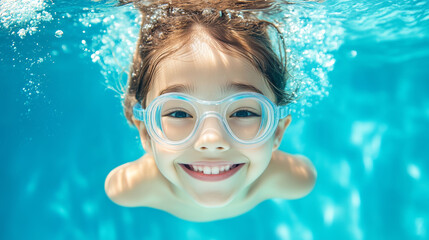 Naklejka premium Smiling child swimming underwater in clear blue pool