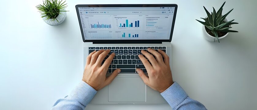 Photo of a person typing on a laptop with graphs and charts displayed in a top view against a white background,workspace