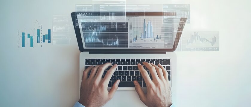 Photo of a person typing on a laptop with graphs and charts displayed in a top view against a white background,workspace