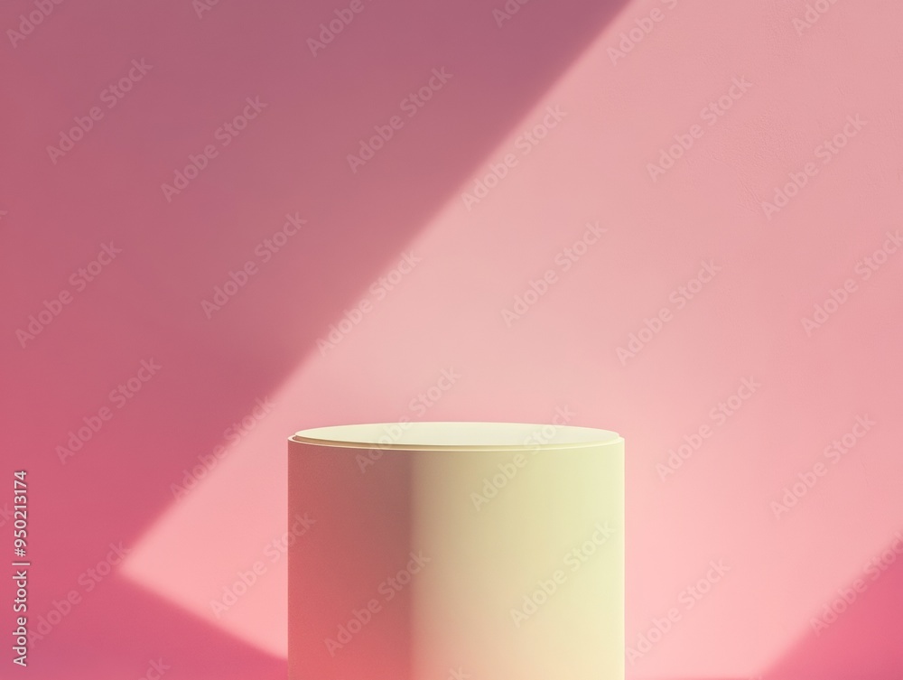 Aufkleber Minimalist Neon Blue Cylindrical Podium on Soft Pink Background with Diffused Lighting and Shadows, Ideal for Product Display