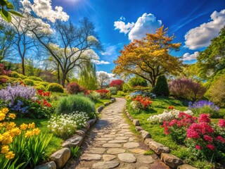 Obraz premium blooming flowers, lush greenery, and sunny blue sky surround a meandering stone path, inviting exploration on a warm March afternoon.