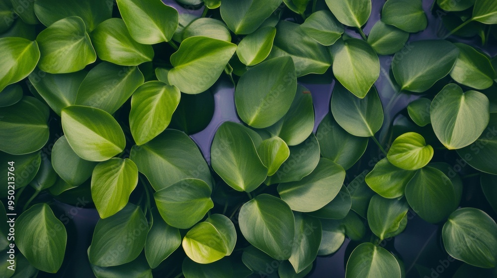 Poster aerial view of symmetrical green leaf pattern in natural light highlighting geometric textures
