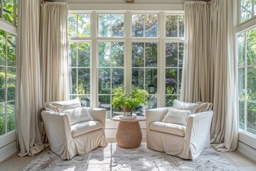Bright and Airy Living Room with Large Windows, White Walls, and Minimalist Decor in Neutral Tones