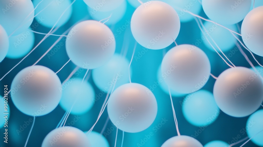 Poster aerial view of geometric pattern with neon blue soccer balls creating symmetrical and intricate desi
