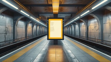 Empty advertising billboard in an urban underground subway station with unoccupied platform