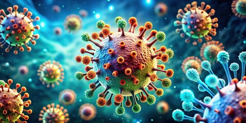 Detailed description Close-up of virus and bacteria cells under a microscope, microscopic, pathogens, infection