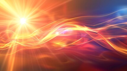 Obraz premium Sun flares and graceful wave patterns on an abstract background produce a lively and bright atmosphere with overlapping light effects.