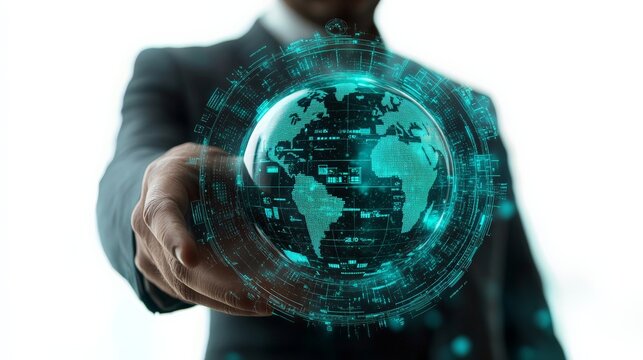 Global Business Innovation: Businessman holding a futuristic holographic Earth, representing global network, technology and  international opportunities.