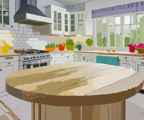 Beautiful round wood table and counter on interior in bright kitchen background.