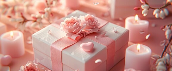 Romantic Gift Box with Pink Roses and Candles