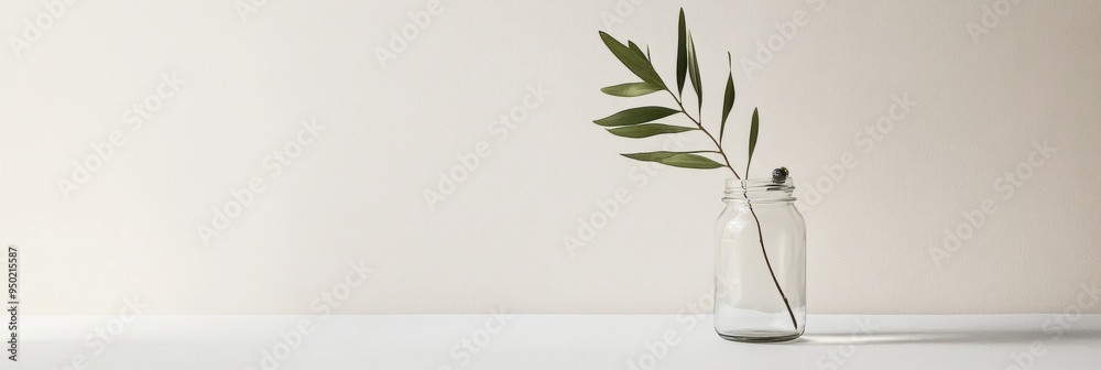 Aufkleber minimalist botanical scene single green branch in glass jar on white background in soft natural ligh