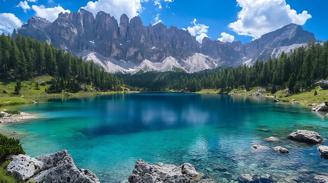 A peaceful alpine lake with crystal-clear water, surrounded by towering peaks and a few scattered clouds in the sky 