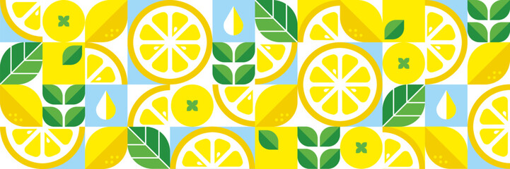 Lemons.Abstract geometric background.Organic food.Bauhaus minimalist design.Modern seamless pattern with citrus fruits, slices and leaves.Summer vector illustration.Set of icons in flat style.