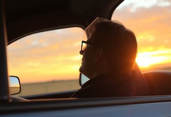 Naklejka premium Sunset Serenade A driver gazing out at the sunset feeling gratef