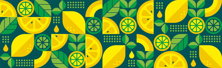 Lemon abstract geometric background.Summer botanical vector illustration.Citrus flavor.Organic food.Bauhaus trendy design.Modern seamless pattern with fruits and leaves.Set of icons in flat style.