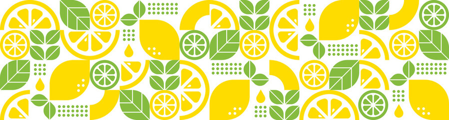 Lemon abstract geometric background.Summer botanical vector illustration.Citrus flavor.Organic food.Bauhaus trendy design.Modern seamless pattern with fruits and leaves.Set of icons in flat style.
