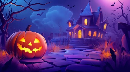 Fototapeta premium Halloween Night creepy background 3d cartoon style with pumpkin and mansion for banner