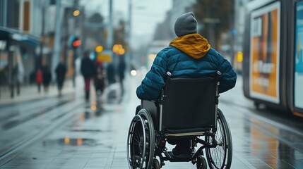 Disabled person in a wheelchair on tram stop on the urban city street needing help outdoors