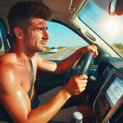 Sweaty Summer A driver with a flushed overheated face driving th