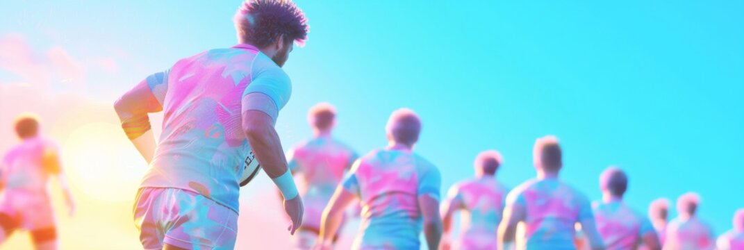 Male Rugby Players from Diverse Ethnicities Competing in Afternoon Match with AI-Driven Analytics Displayed on Screen in the Background