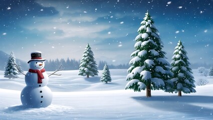 Obraz premium land view with snow trees and beautiful snowman, hd, with snowfall, santa class flying above the clouds