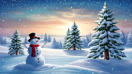 Fototapeta premium land view with snow trees and beautiful snowman, hd, with snowfall, santa class flying above the clouds