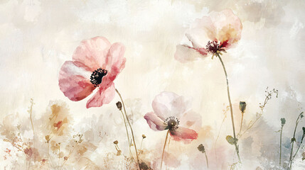 Delicate watercolor flowers on light background evoke serene and calming atmosphere.