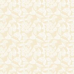 Obraz premium Modern white on cream lace effect wedding background texture. Soft tonal linen openwork block print with subtle hand drawn lattice damask printed fabric backdrop. 