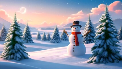 Obraz premium land view with snow trees and beautiful snowman, hd, with snowfall, santa class flying above the clouds