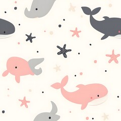 pink and gray baby whales, pastel background with stars, seamless pattern
