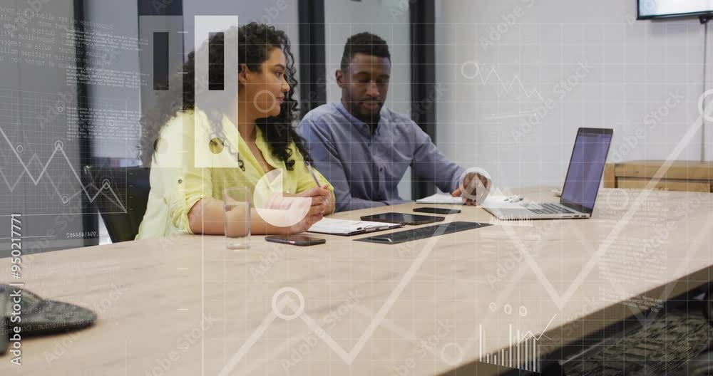 Wall mural Discussing work at conference table, colleagues with business data analytics animation