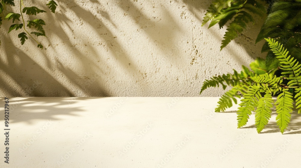 Poster vibrant green leaves and empty smooth white concrete table in sunlit outdoor garden serene bokeh bac