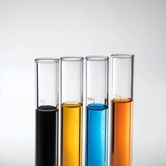 Four glass test tubes filled with vibrant liquids in black, yellow, blue, and orange, set against a white background